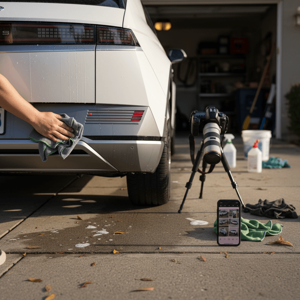 Owner cleaning and photographing a Hyundai Ioniq 5 in a driveway to prepare it for sale