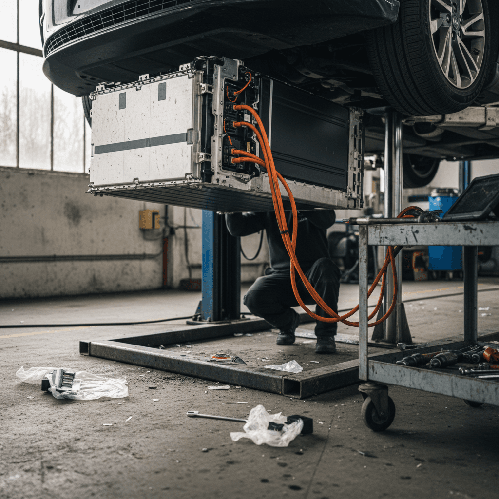 Technician inspecting the battery pack of an electric car lifted in a service bay