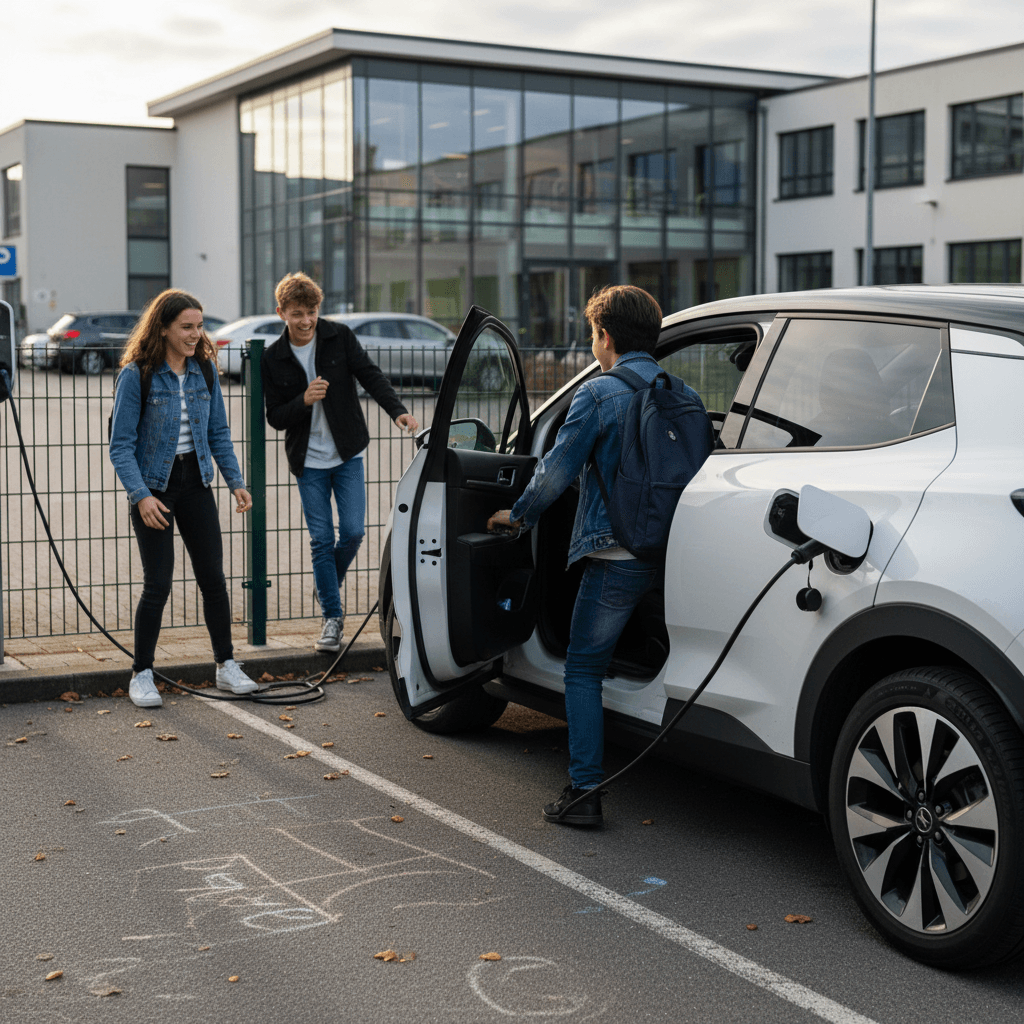 Compact electric crossover parked in a high school parking lot with a teen driver stepping out and friends nearby