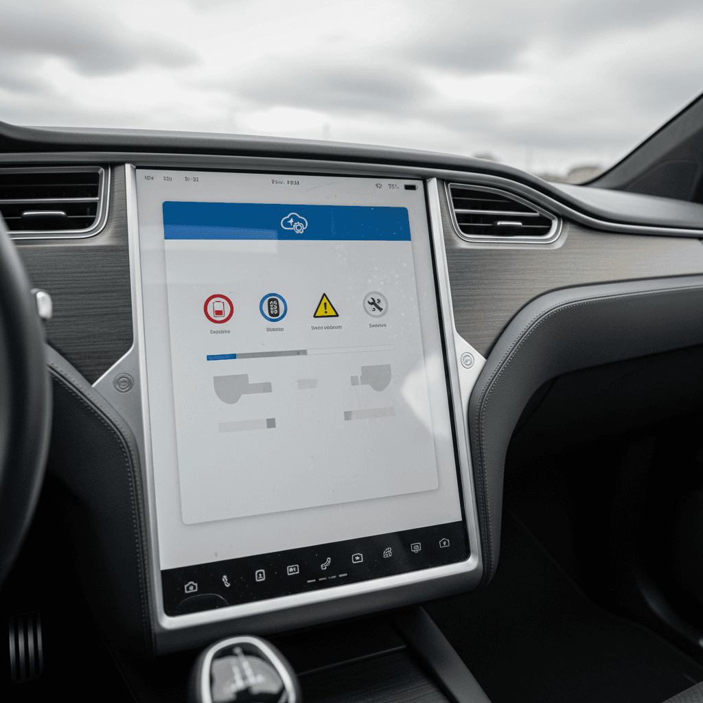 Tesla Model X interior showing driver display with multiple warning icons and an available software update notification.
