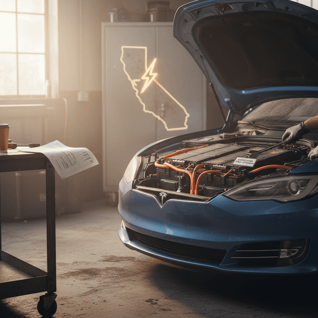 Row of used electric vehicles parked at a dealership lot in California