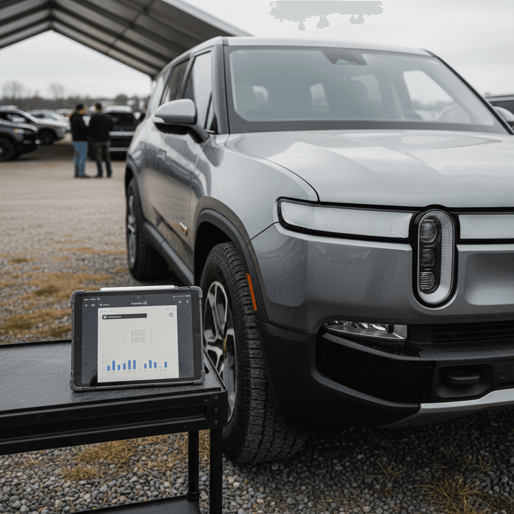 Appraiser using a tablet to evaluate a 2022 Rivian R1S for trade-in at a dealership