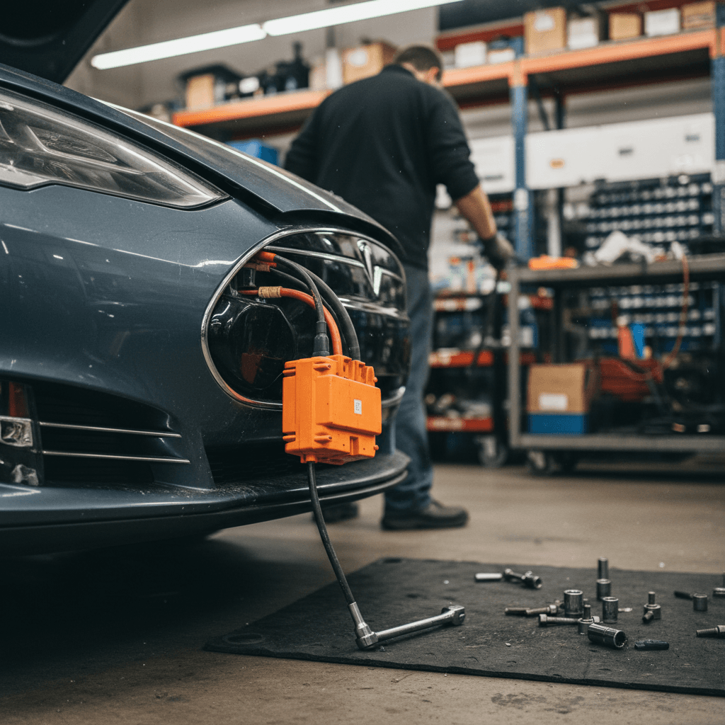 Electric vehicle raised on a lift in a modern repair shop