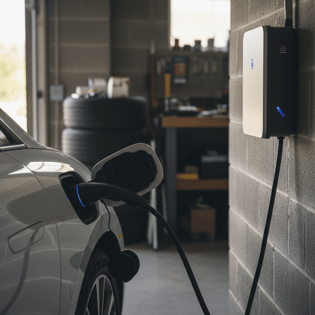 Hyundai Ioniq 6 plugged into a Level 2 home wallbox charger in a modern garage, illustrating low daily charging costs.