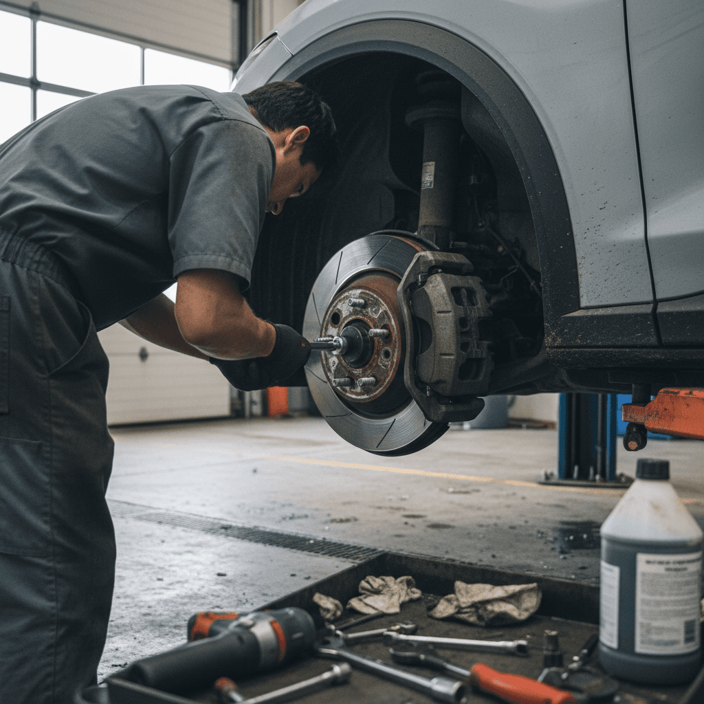 Ford Mustang Mach-E on a lift with a technician inspecting the brakes and suspension components