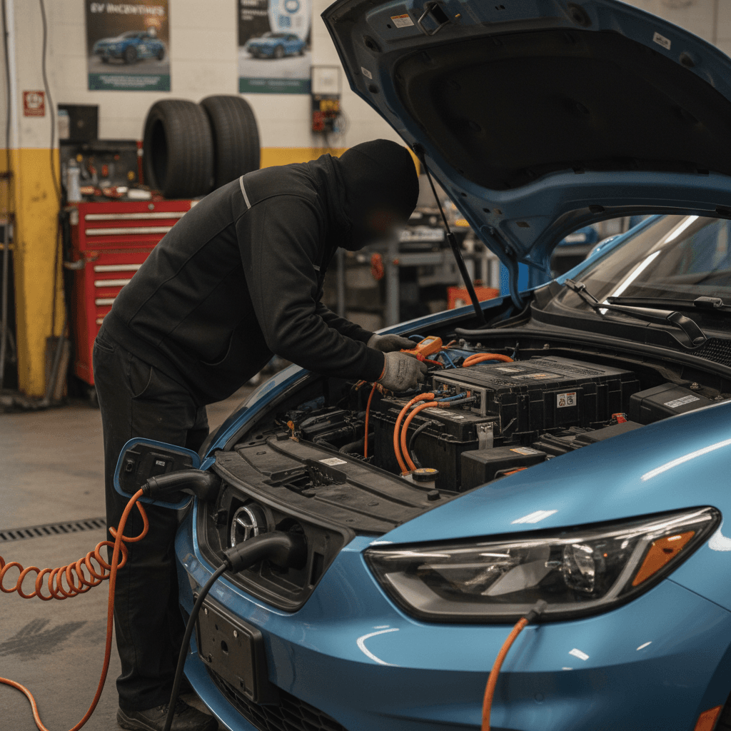 Technician using diagnostic equipment to test a used electric car’s high-voltage battery and charging port
