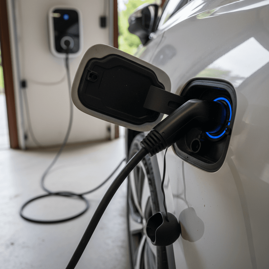 Close-up of a Volkswagen ID.4 charging port and cable connected to a home charger in a driveway