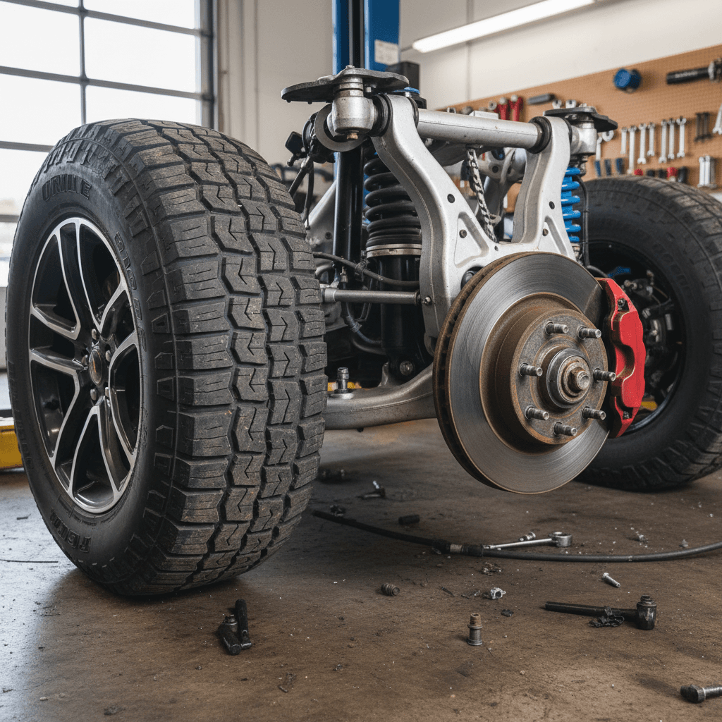 Rivian R1T front wheel and suspension being inspected on a lift at a service center