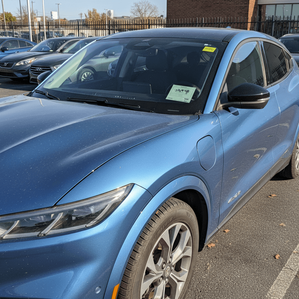 Used 2024 Ford Mustang Mach-E parked on a lot with price tags in the windows