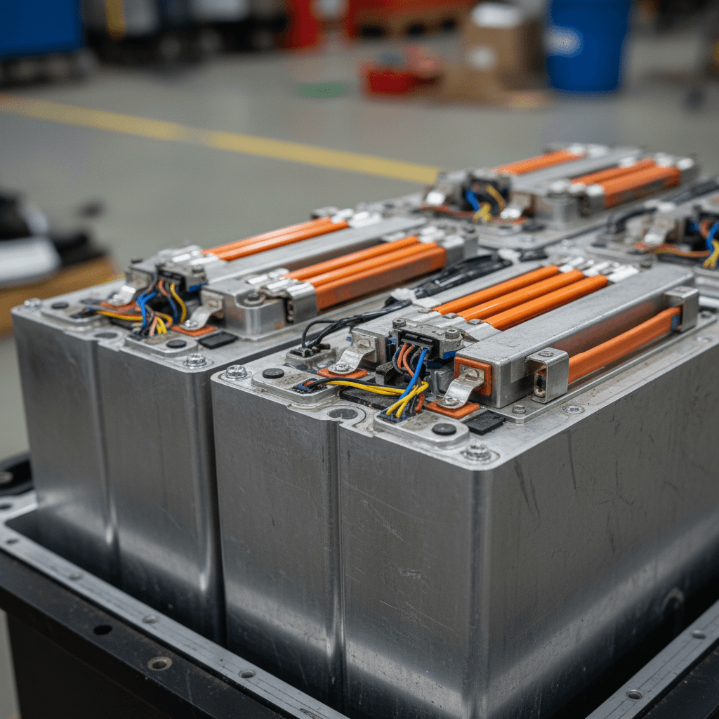 Factory worker assembling modules for a lithium-ion electric car battery pack
