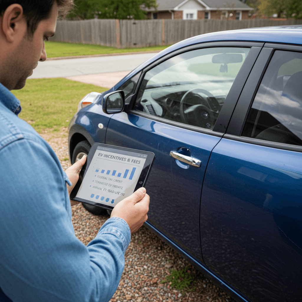 Tennessee homeowner reviewing EV incentive and fee breakdown while parked next to a used electric vehicle in a driveway