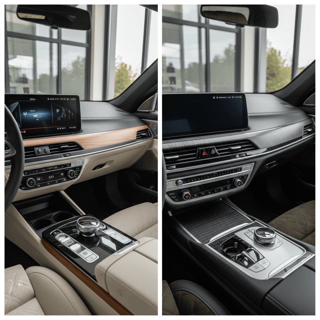Luxury EV sedan interiors of the Genesis Electrified G80 and BMW i7 showing wide infotainment screens and premium materials