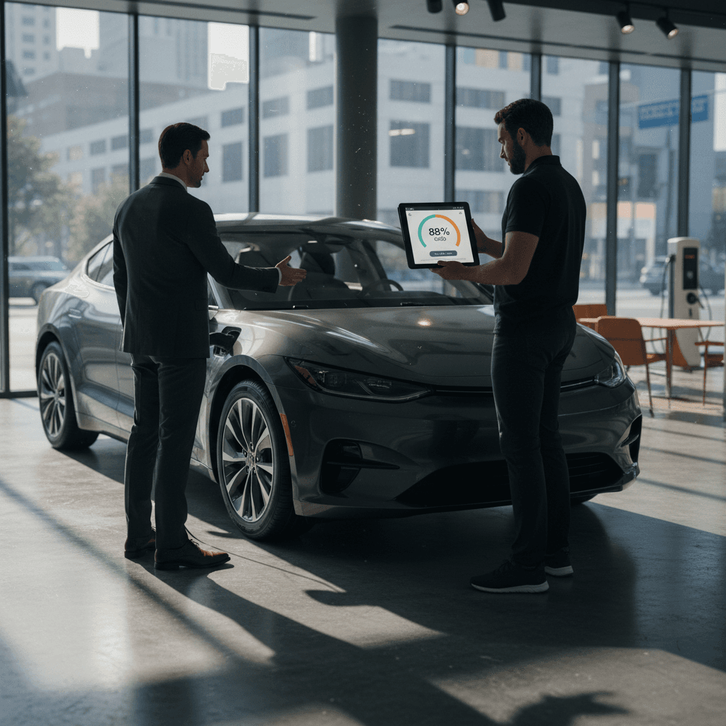 EV owner reviewing a detailed battery health report with a buyer in a showroom