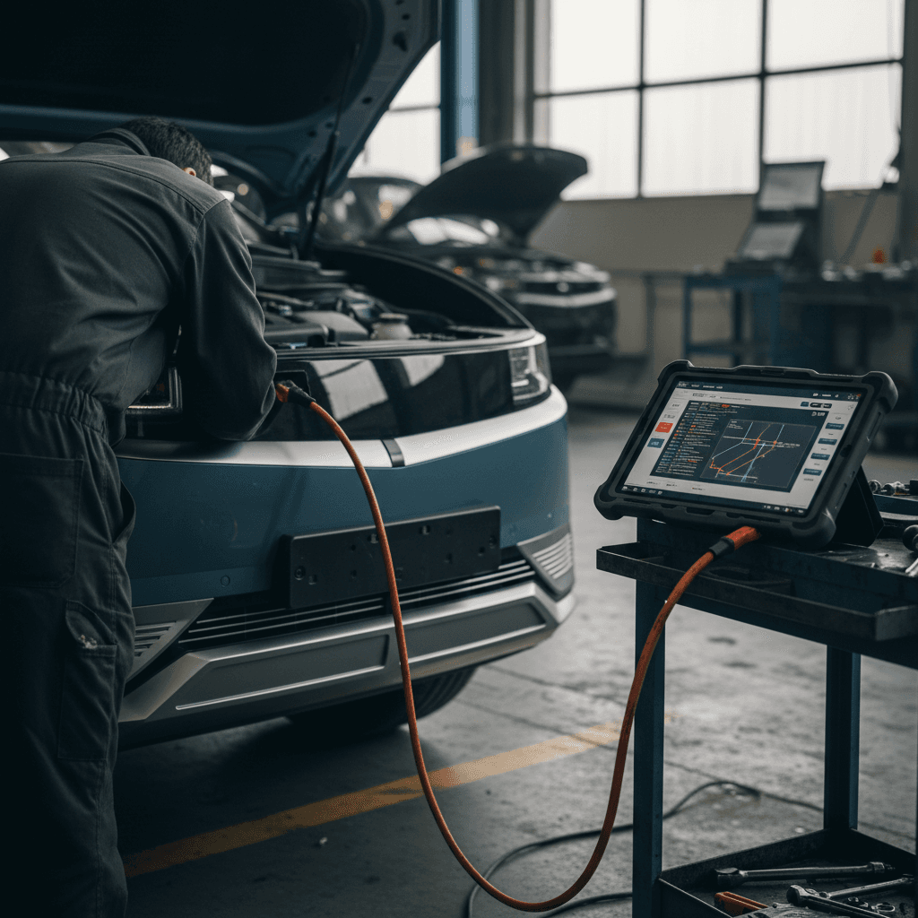 Technician using a diagnostic tablet while inspecting the front compartment of a Hyundai IONIQ 5 in a service bay