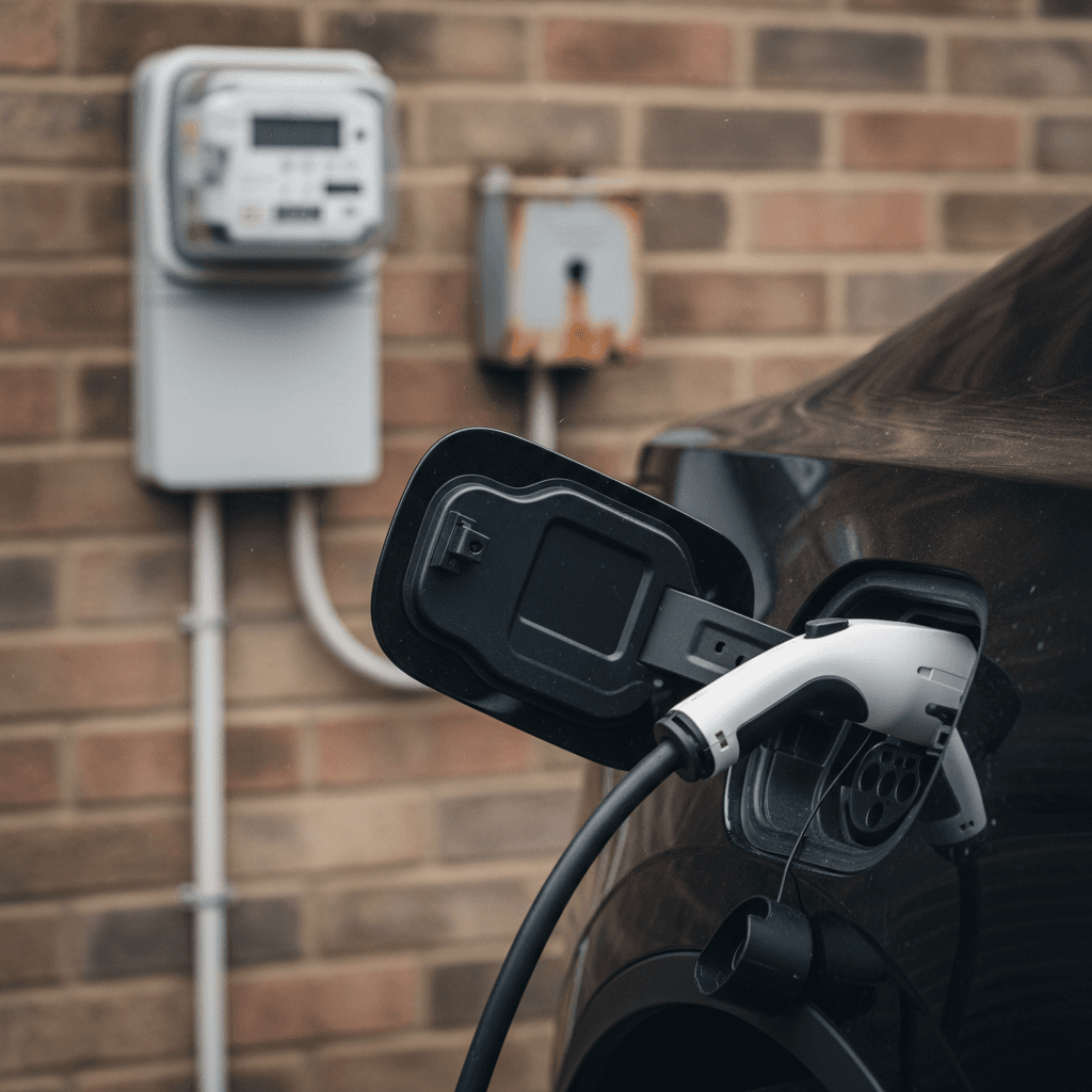 Polestar 2 charging connector plugged in with a visible residential electric meter showing kWh usage