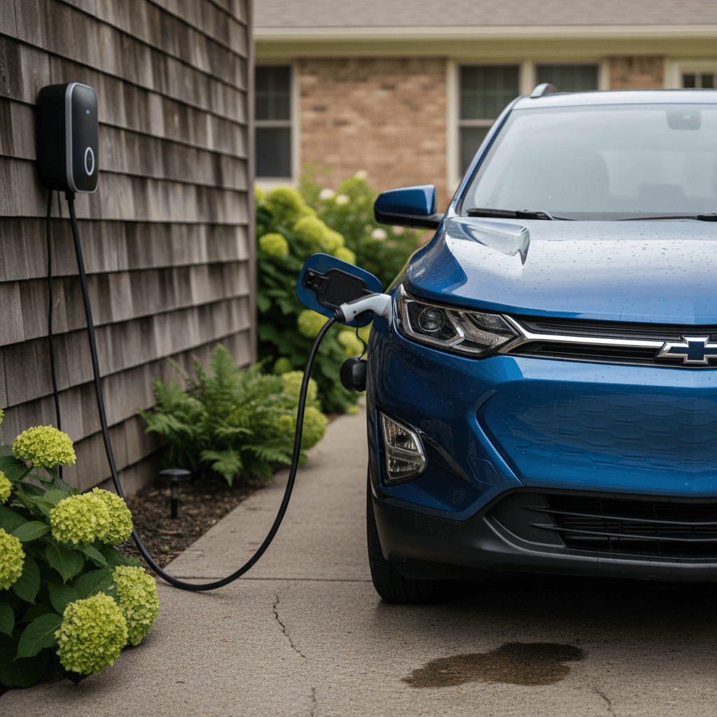 Chevy Equinox EV parked in a driveway charging on a Level 2 home wall box