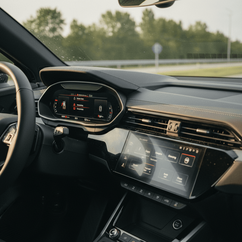 2023 Audi Q4 e-tron interior showing digital driver display and central touchscreen with alert icons