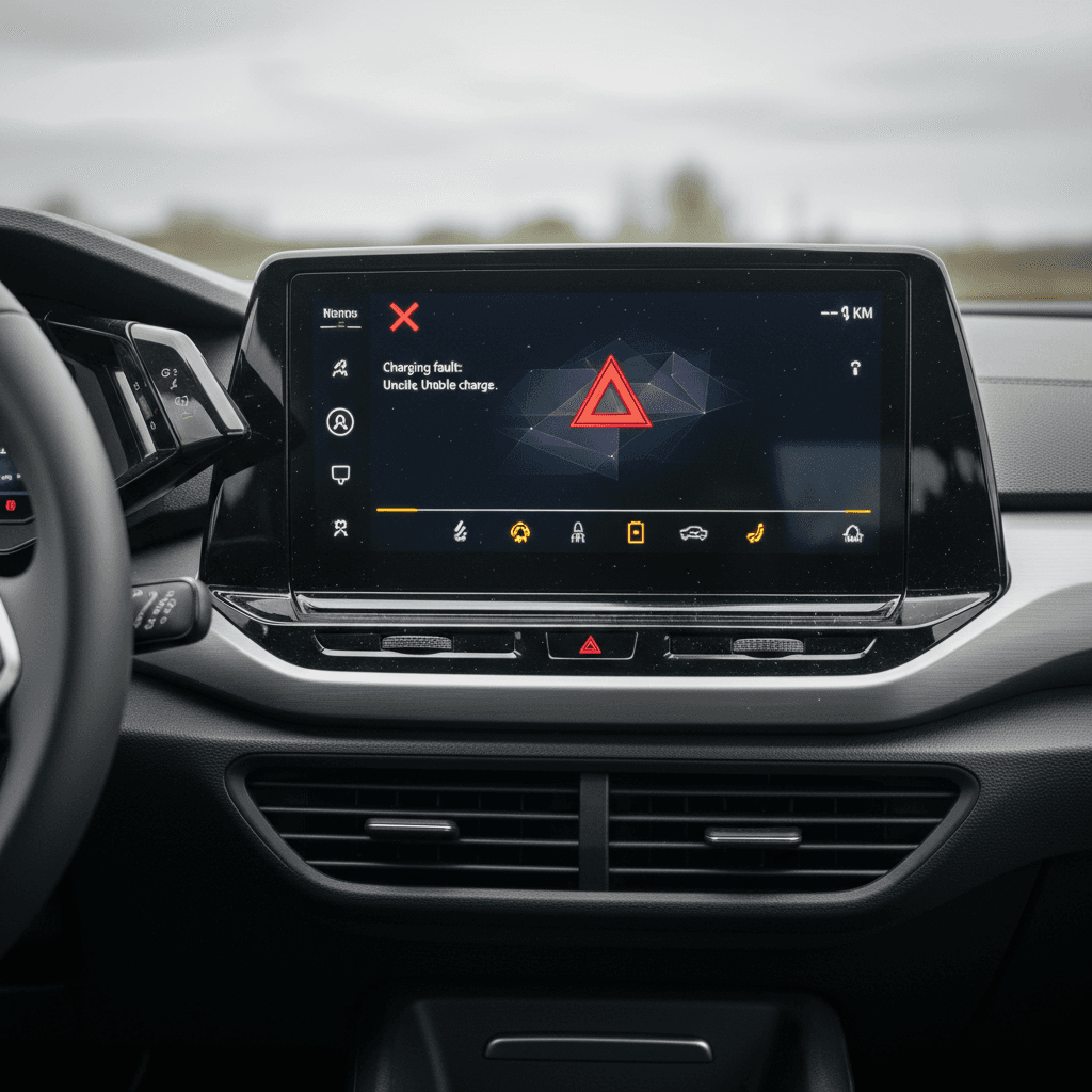 2021 Volkswagen ID.4 interior showing digital cockpit and infotainment screen with warning messages displayed