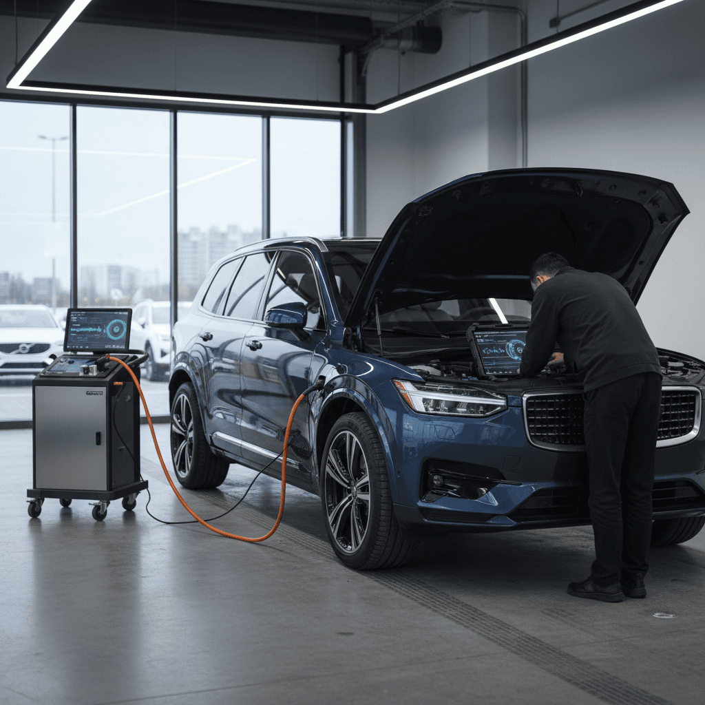 Technician running a detailed battery health scan on a used Volvo EX90 in a modern EV showroom
