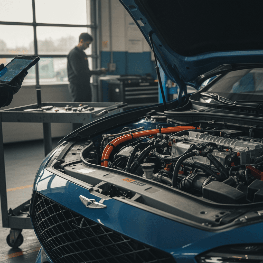 Technician inspecting the power electronics and high-voltage hardware under the hood of a Genesis GV60