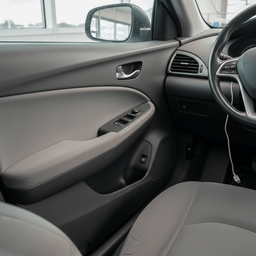 Customer reviewing paperwork while buying a used car at a dealership office
