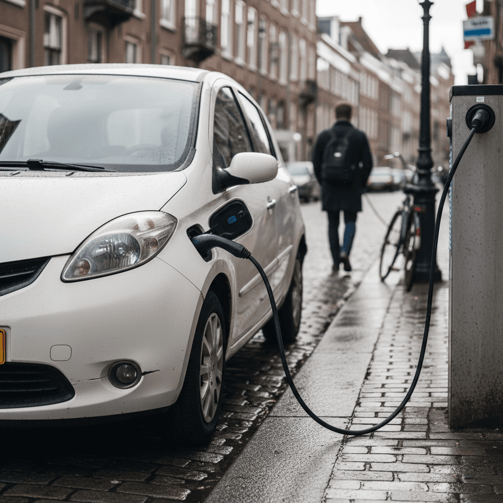 Compact electric hatchback charging at a curbside station in the city
