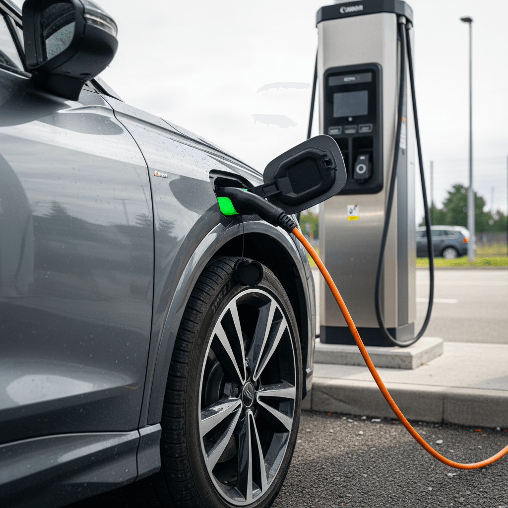 2023 Audi Q4 e-tron plugged into a DC fast charger with focus on the charge port and wheel
