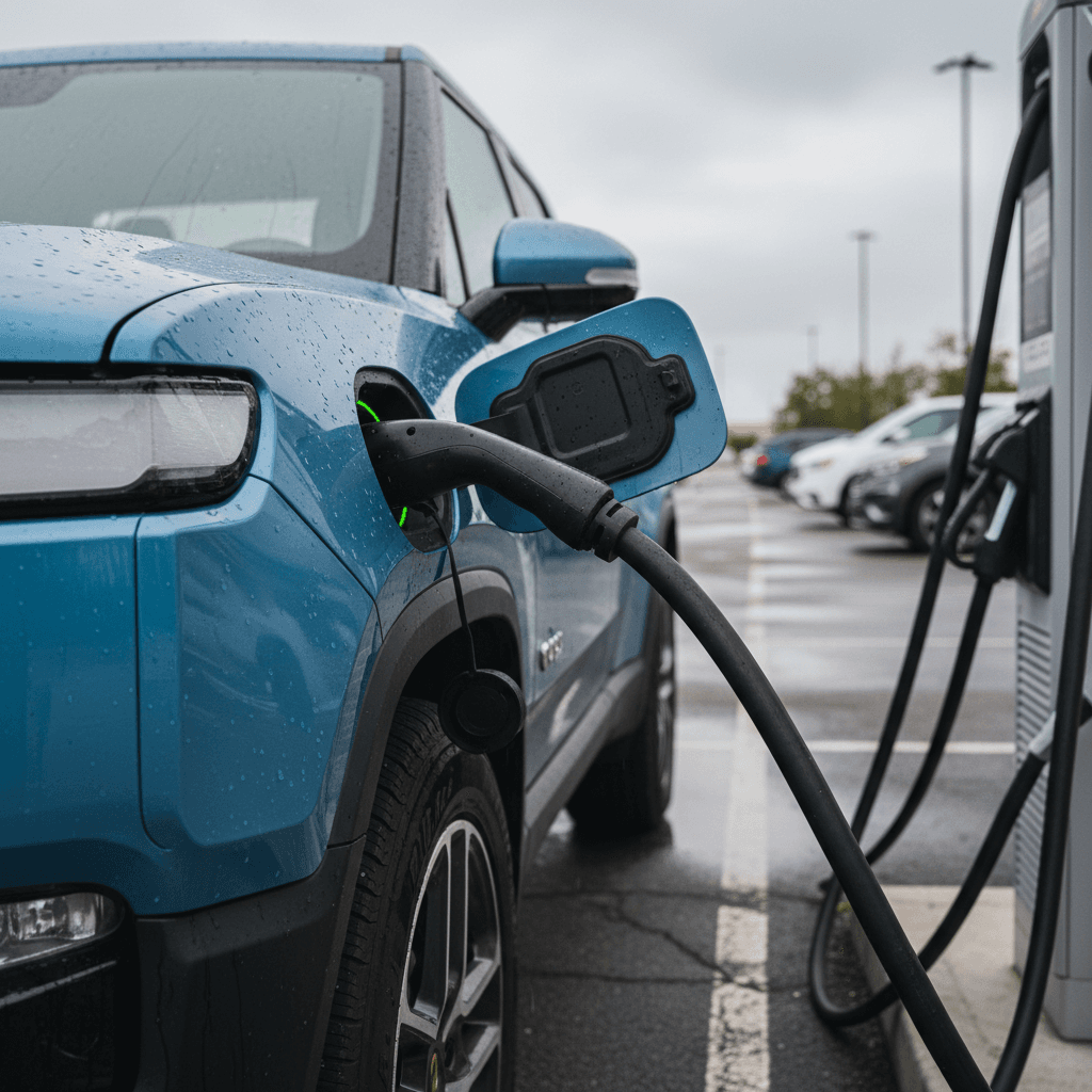 Rivian R1T electric pickup plugged into a fast charger at a public station