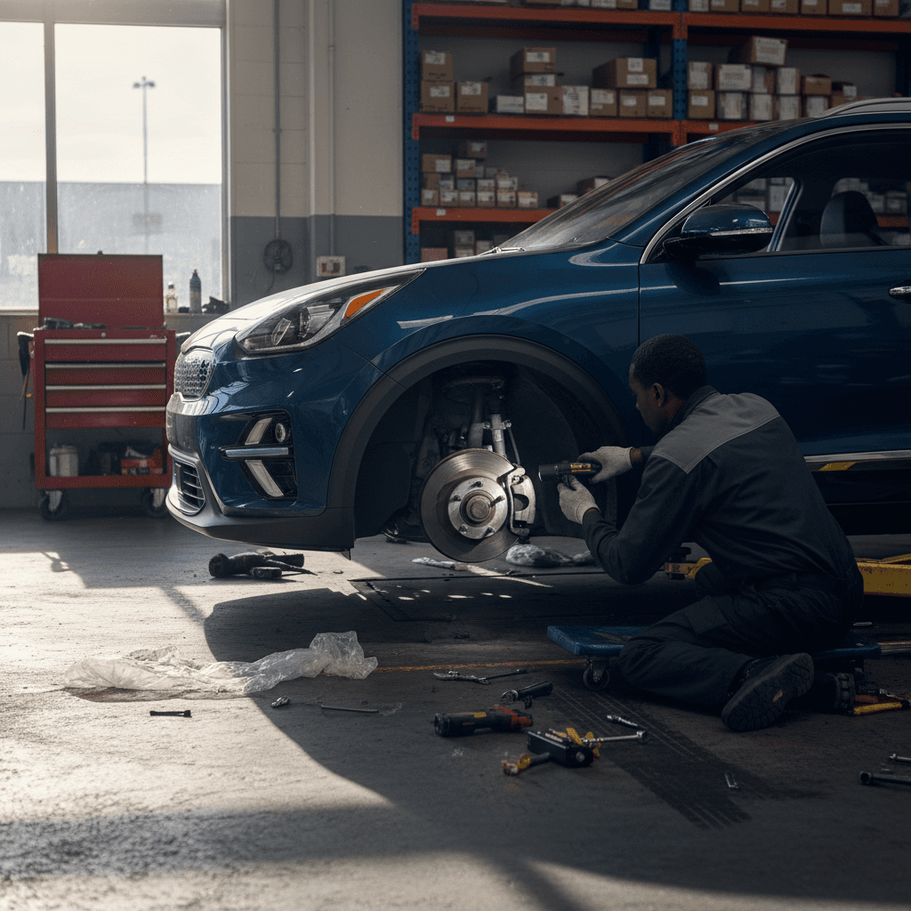 2023 Kia Niro EV in a dealership service bay on a lift with a technician inspecting the front suspension area