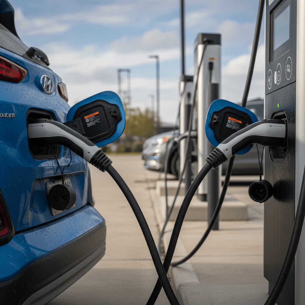 Hyundai Kona Electric and Kia Niro EV plugged into neighboring public fast chargers, highlighting their similar compact crossover profiles.