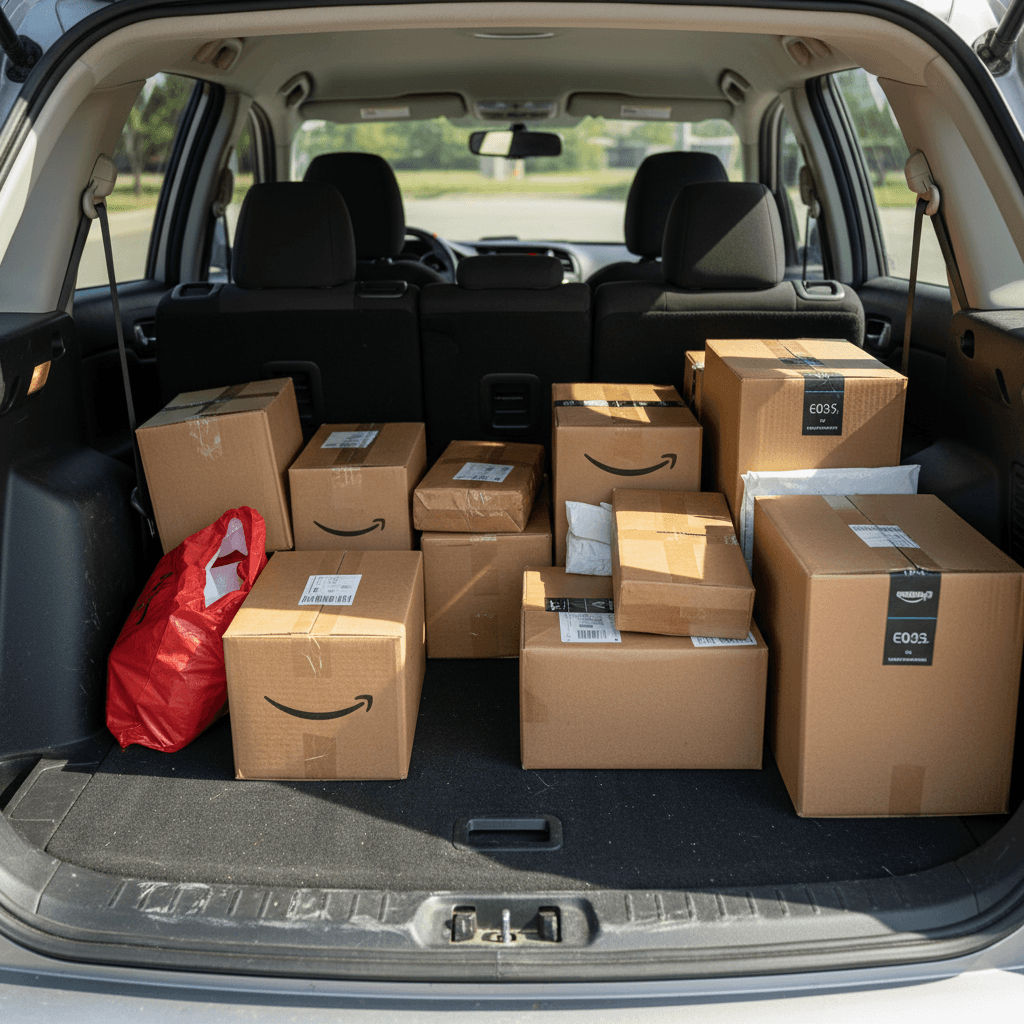 Compact electric SUV with rear seats folded down and cargo area filled with delivery packages
