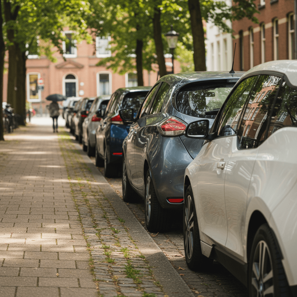 Row of used compact electric hatchbacks parked along a neighborhood street, ideal for short daily commutes