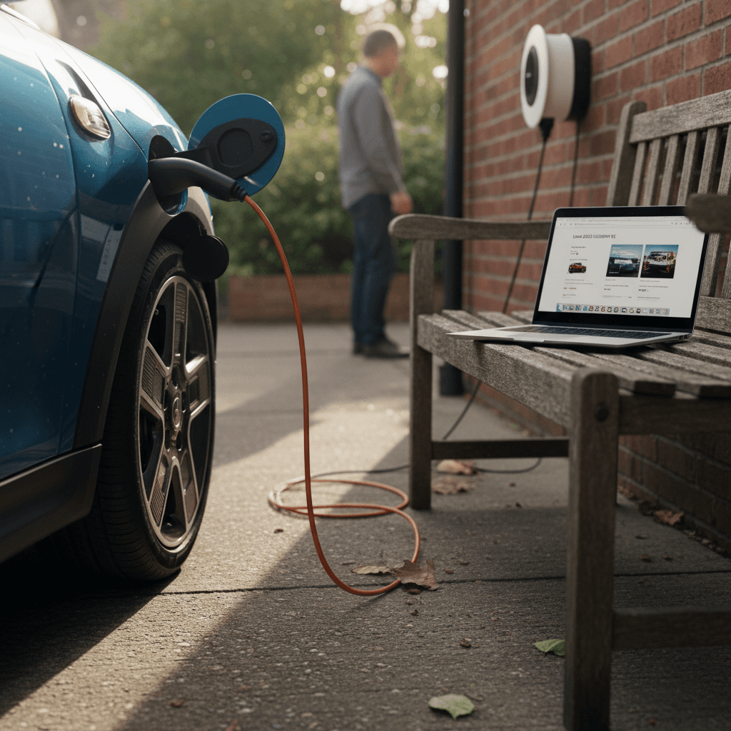 Mini Cooper SE parked in a driveway, plugged into a home charger, with owner preparing documents to sell the EV