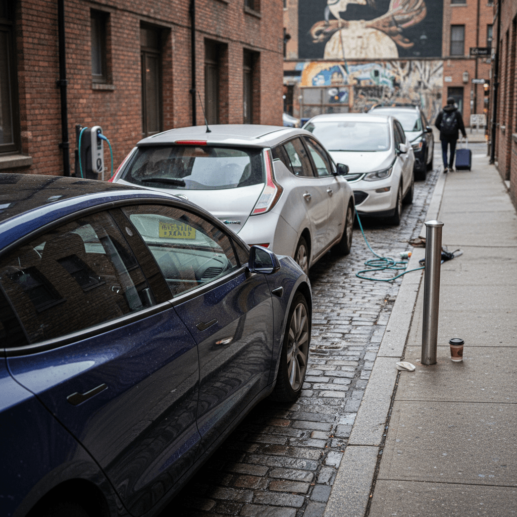 Popular used electric cars parked in a row, suitable for Uber and Lyft work