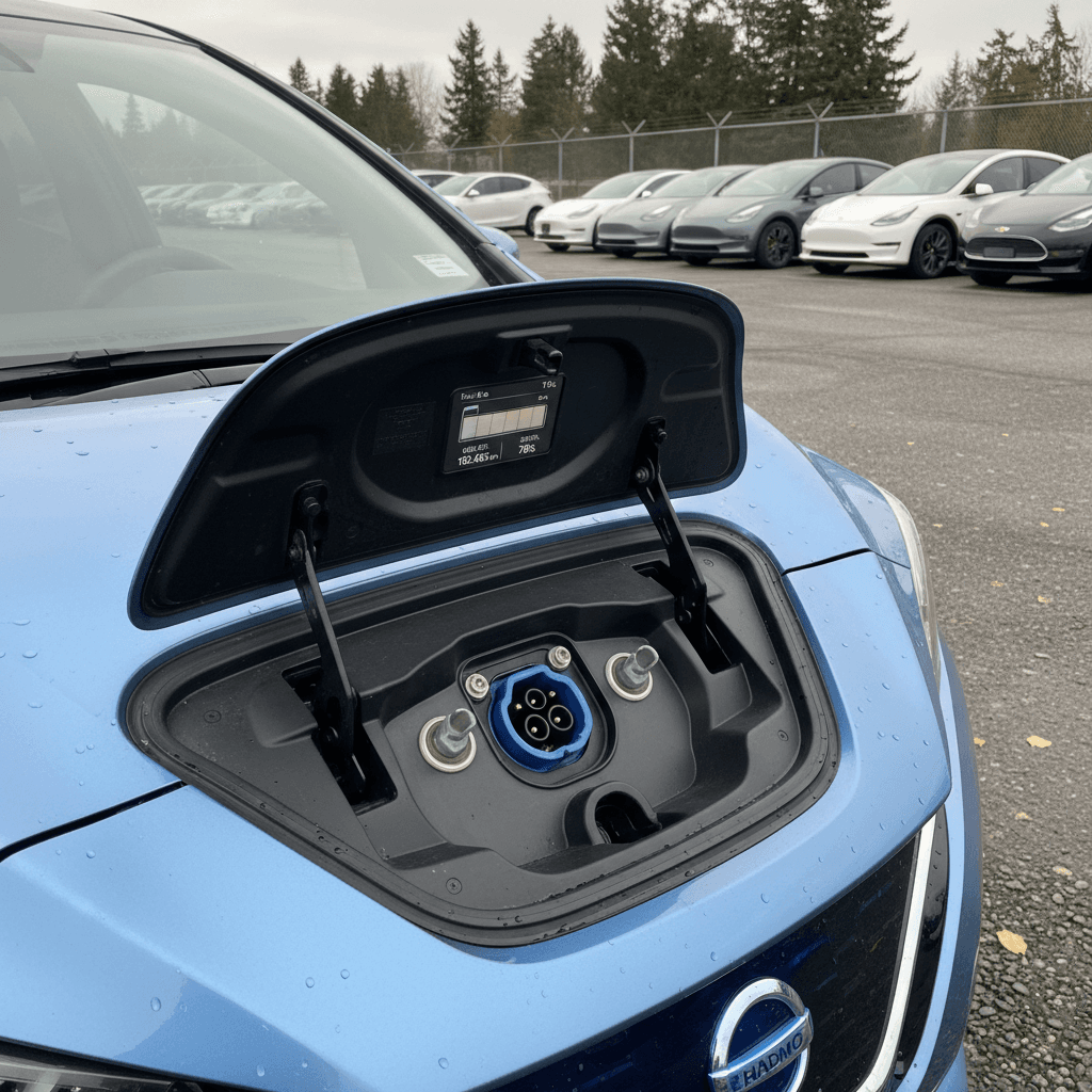 Nissan Leaf charging with dashboard display showing healthy battery bars and range estimate