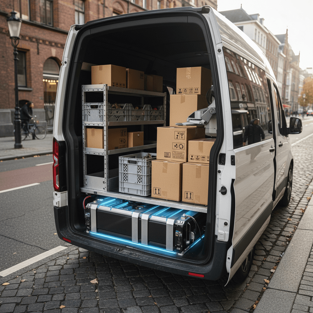 Electric delivery van driving in a city street with its battery pack highlighted under the floor and cargo area behind the driver