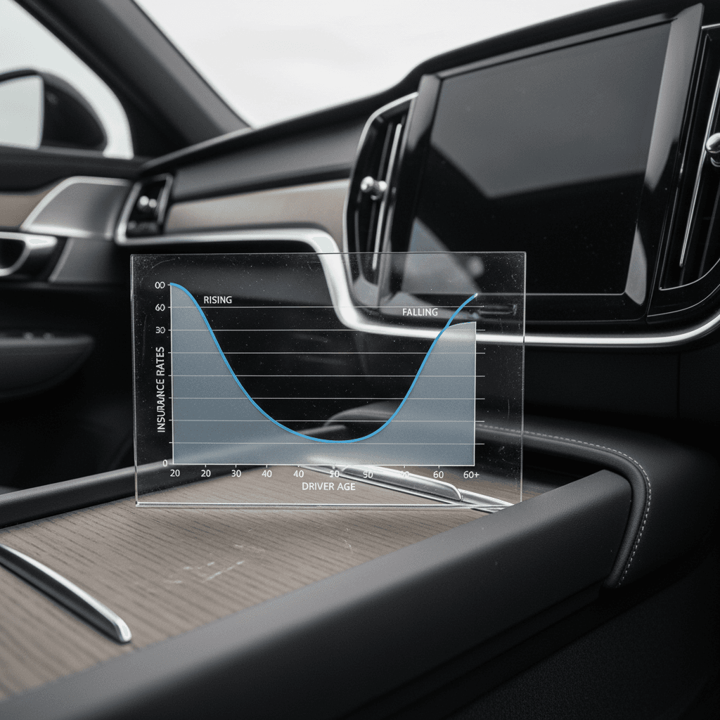 Line chart illustrating how Volvo EX90 insurance rates are higher for teenage drivers, fall through middle age, and rise again for seniors.