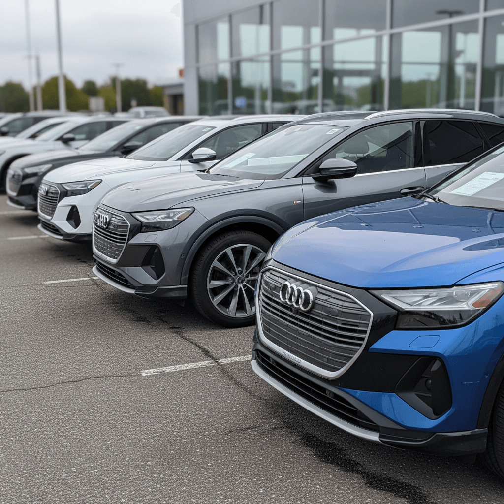 Several used Audi Q4 e-tron SUVs parked in a row at a dealership lot, illustrating how quickly values soften in the first few years.