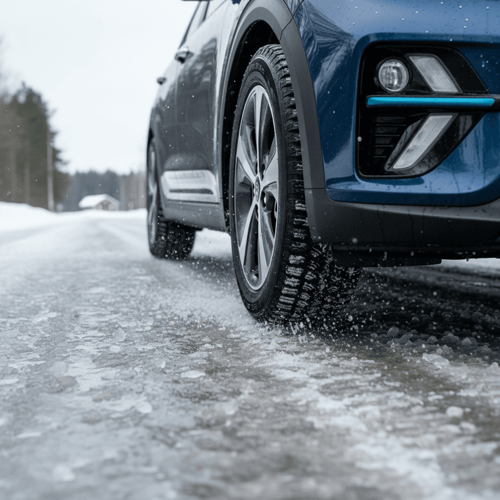 Close-up of a Kia Niro EV front wheel with a dedicated winter tire driving over a light layer of snow and ice on a cold road