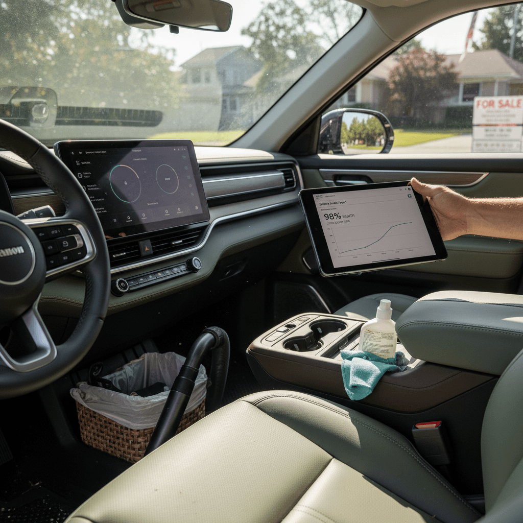 Owner detailing a Rivian R1S interior and reviewing a battery health report before listing the vehicle for sale