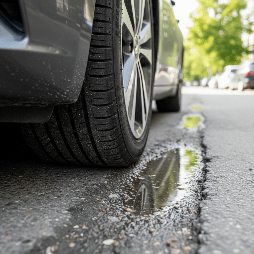 Close-up of an electric car’s tire on a city street, illustrating road contact and wear