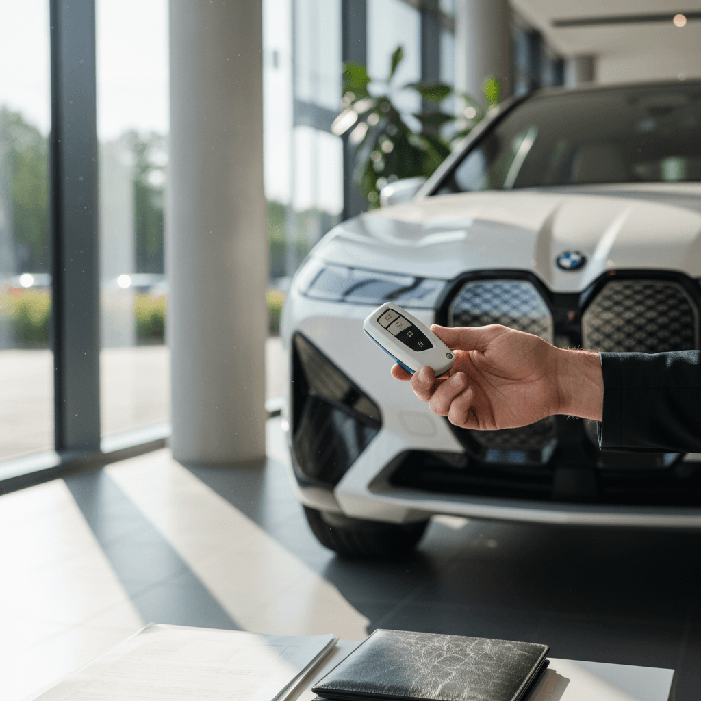 Seller handing over keys of a BMW iX to a buyer outside a showroom after completing a used EV sale