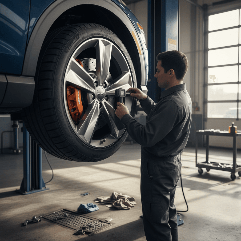 Genesis GV60 on a lift in a service bay with a technician inspecting tire tread and brake components