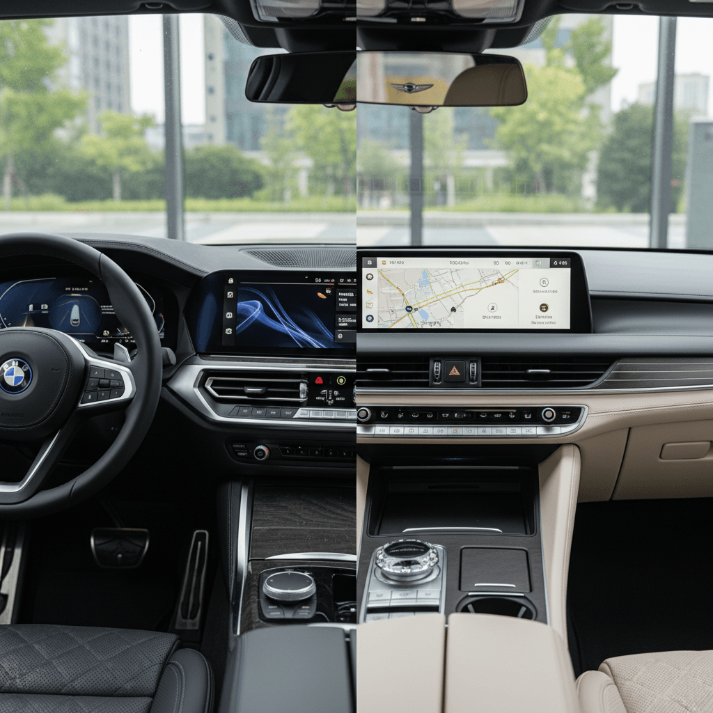 Interior comparison of BMW i4 and Genesis Electrified G80 showing different dashboard designs and seating styles