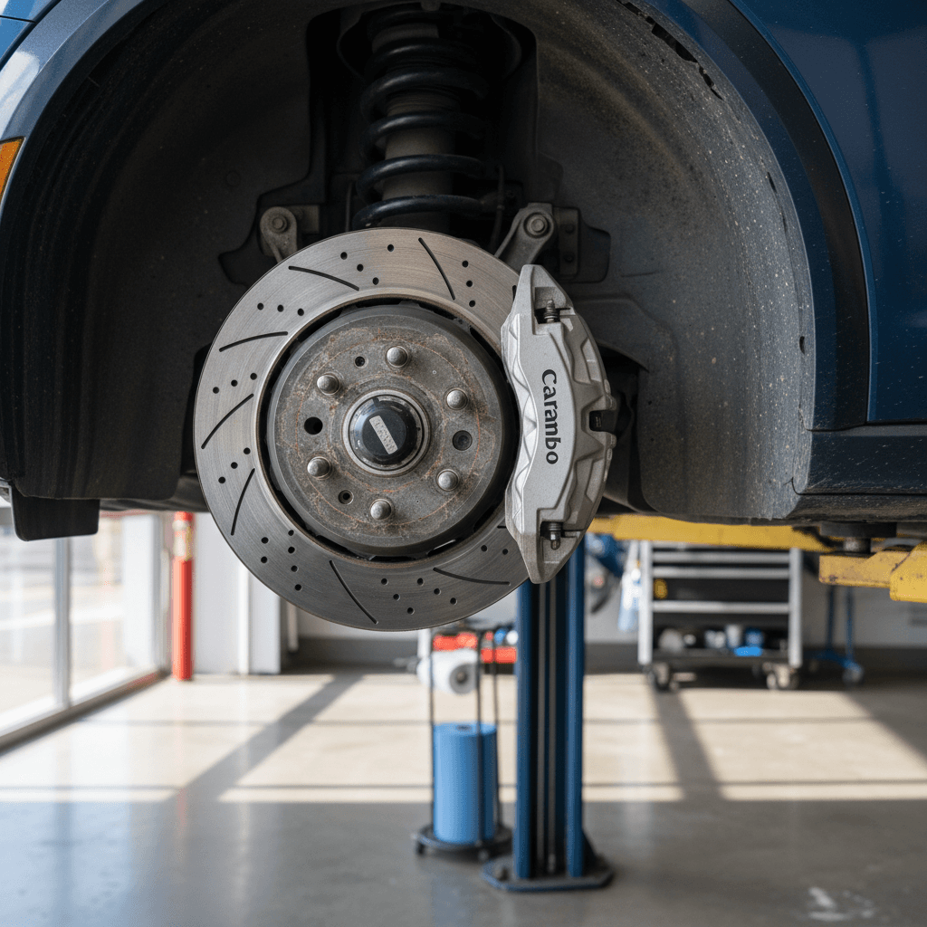 Ford Mustang Mach-E wheel and brake assembly visible on a service lift in a modern workshop