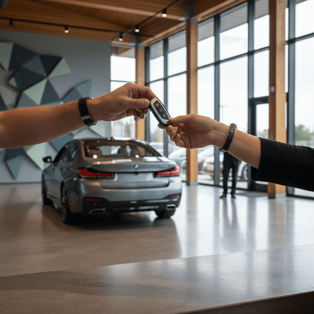 Seller and buyer completing paperwork for a used BMW i5 sale at an EV-focused dealership