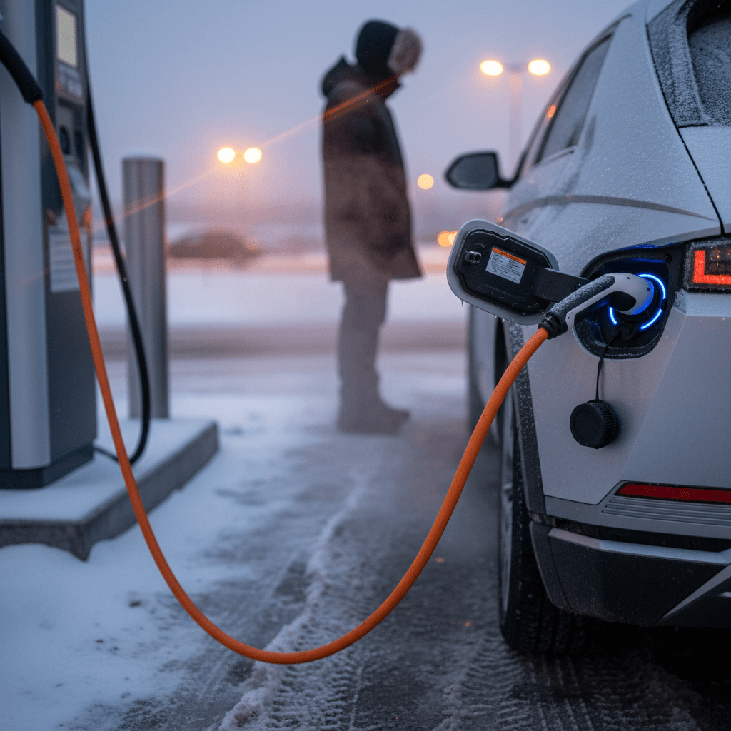 Hyundai Ioniq 5 parked at a public charging station, plugged into a fast charger