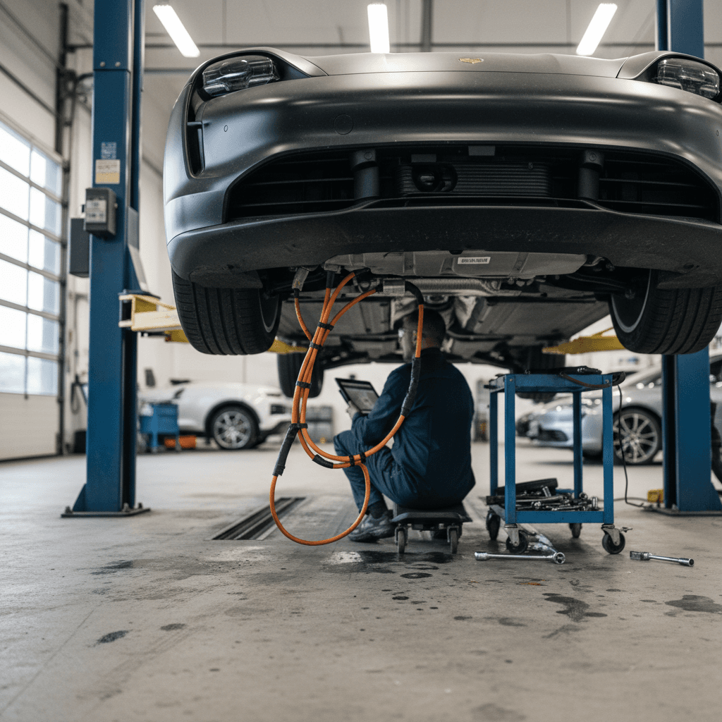 Technician inspecting the high-voltage battery area of a 2020 Porsche Taycan on a lift