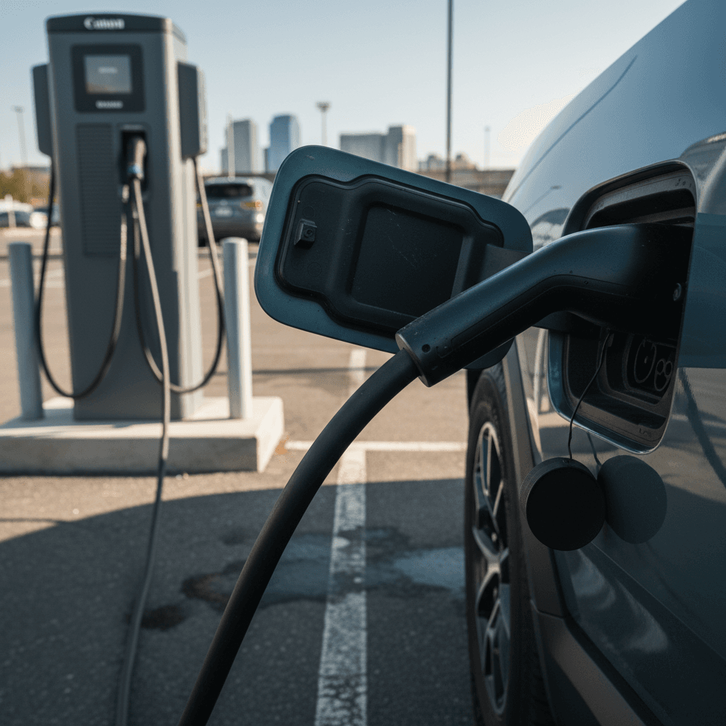 2024 Rivian R1T plugged in at a DC fast charger in a public parking lot