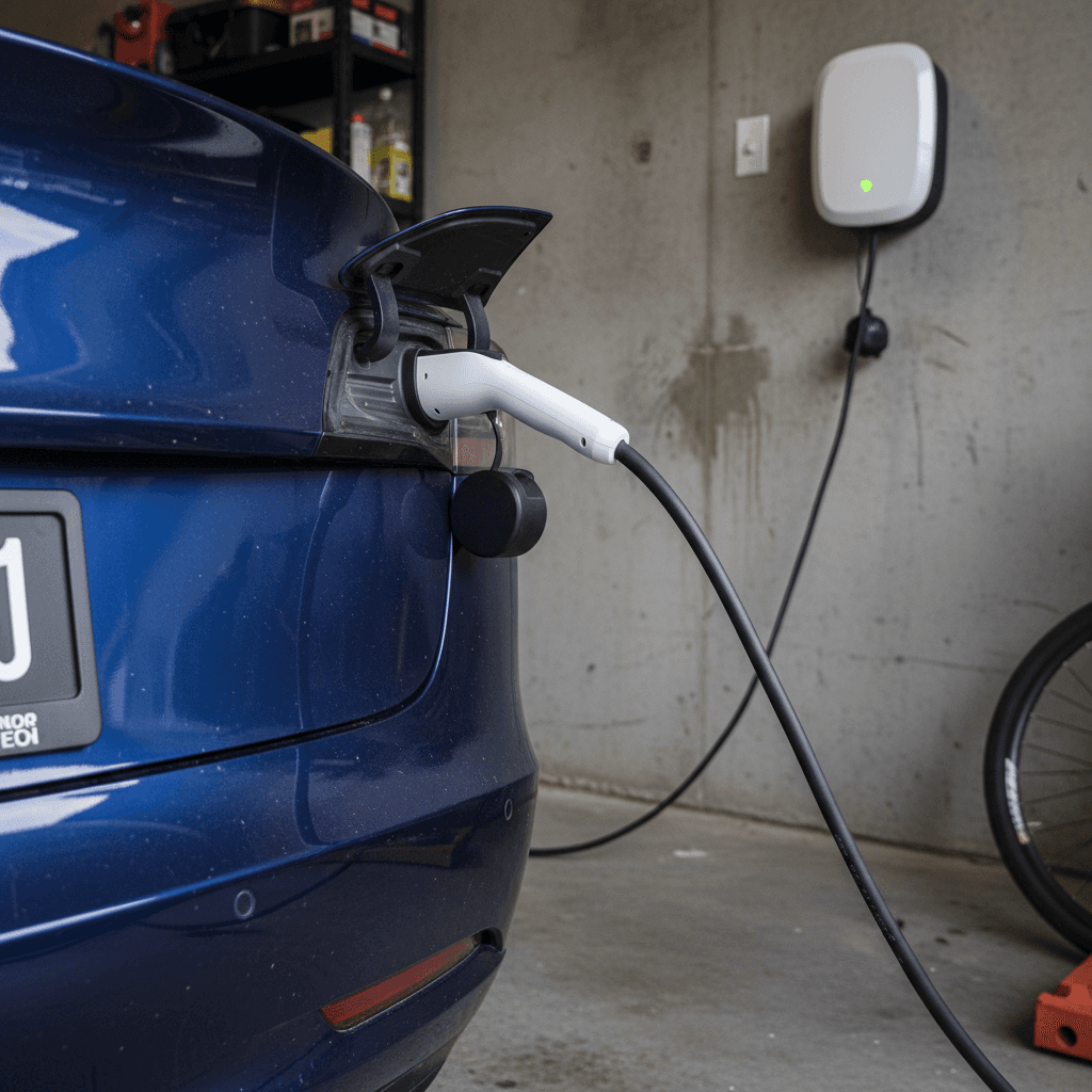 2021 Tesla Model 3 charging in a residential driveway, showing charge port and cable connected